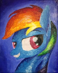 Size: 1024x1298 | Tagged: safe, artist:colorsceempainting, character:rainbow dash, arrogant, bust, canvas, female, paint, painting, portrait, smiling, solo, traditional art, watermark