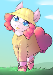 Size: 847x1204 | Tagged: safe, artist:angrylittlerodent, character:pinkie pie, species:earth pony, species:pony, clothing, colored pupils, cute, diapinkes, ear fluff, female, grass, hat, looking at you, mare, pinkie being pinkie, rain boots, raincoat, rainhat, solo, tongue out