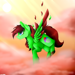 Size: 1000x1000 | Tagged: safe, artist:purediamond360, oc, oc only, oc:kiwi coco, species:pegasus, species:pony, cloud, colored wings, female, mare, multicolored wings, solo, two toned wings
