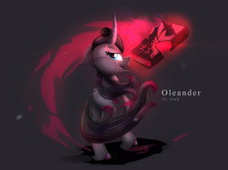 Size: 2297x1722 | Tagged: safe, artist:blackligerth, community related, character:fhtng th§ ¿nsp§kbl, character:oleander, species:classical unicorn, species:pony, them's fightin' herds, book, colored hooves, curved horn, female, gray background, looking back, mare, rear view, simple background, solo, unshorn fetlocks