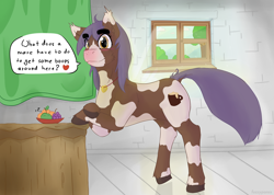 Size: 1250x889 | Tagged: safe, artist:fuzzypones, oc, oc only, oc:vanillacream cocoa, blushing, colored, crossed arms, dialogue, female, jewelry, pendant, solo, speech bubble, window