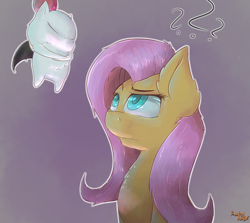 Size: 1856x1657 | Tagged: safe, artist:ruby dusk, character:fluttershy, species:pony, bust, female, ffxiv, looking at something, looking up, moogle, pictogram, question mark, raised eyebrow, simple background, solo