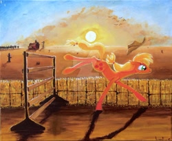 Size: 1024x845 | Tagged: safe, artist:colorsceempainting, character:applejack, episode:over a barrel, g4, my little pony: friendship is magic, appleloosa, canvas, clothing, desert, female, hat, obstacle course, paint, painting, scenery, shadow, solo, sun, traditional art, watermark