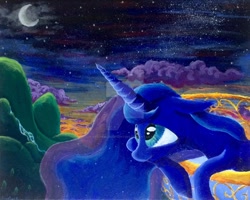 Size: 1024x818 | Tagged: source needed, useless source url, safe, artist:colorsceempainting, character:princess luna, species:alicorn, species:pony, balcony, canvas, cloud, female, mare, moon, night, paint, painting, scenery, solo, stars, traditional art, watermark