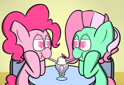 Size: 1074x738 | Tagged: safe, artist:techreel, character:minty, character:pinkie pie, species:pony, g3, female, food, heart eyes, lesbian, mare, mintypie, sharing a drink, shipping, sundae, wingding eyes, ych result