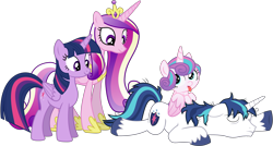 Size: 3999x2143 | Tagged: safe, artist:bluetech, artist:deyrasd, artist:paganmuffin, artist:sakatagintoki117, edit, editor:slayerbvc, character:princess cadance, character:princess flurry heart, character:shining armor, character:twilight sparkle, character:twilight sparkle (alicorn), species:alicorn, species:pony, species:unicorn, baby, baby pony, family, female, filly, foal, looking back, looking down, looking up, male, mare, messy mane, ponies riding ponies, royal family, simple background, sleeping, smiling, stallion, stubble, tired, tongue out, transparent background