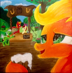 Size: 1024x1031 | Tagged: safe, artist:colorsceempainting, character:apple bloom, character:applejack, character:big mcintosh, character:granny smith, apple, apple family, buy some apples, canvas, cider, food, mug, paint, painting, sweet apple acres, tankard, traditional art, watermark