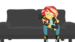 Size: 2560x1440 | Tagged: safe, artist:ngrycritic, character:sunset shimmer, episode:game stream, g4, my little pony: equestria girls, my little pony:equestria girls, spoiler:eqg series (season 2), angry, boots, clothing, controller, couch, female, gamer, jacket, leather jacket, pants, shoes, simple background, solo, transparent background
