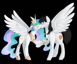 Size: 1280x1071 | Tagged: safe, artist:goshhhh, character:princess celestia, oc, species:alicorn, species:pegasus, species:pony, black background, blushing, canon x oc, ear fluff, eyes closed, female, heart, holding hooves, jewelry, kissing, lesbian, necklace, peytral, simple background, spread wings, wings
