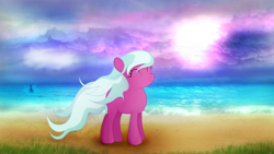 Size: 3840x2160 | Tagged: safe, artist:startledflowerpony, species:earth pony, species:pony, beach, cloud, eyes closed, female, high res, mare, ocean spray, solo, strategically covered, windswept mane