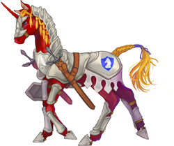 Size: 636x532 | Tagged: safe, artist:sitaart, oc, oc only, oc:steel prism, species:pony, species:unicorn, armor, blonde, blonde hair, blonde mane, blue eyes, clothing, dungeons and dragons, fantasy class, knight, male, paladin, pathfinder, pen and paper rpg, ponyfinder, red fur, rpg, simple background, solo, stallion, sword, tabletop gaming, warrior, weapon, white background
