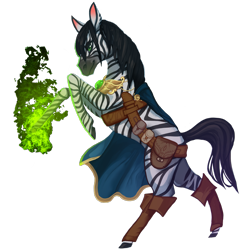 Size: 1104x1104 | Tagged: safe, artist:sitaart, oc, oc only, oc:pandora, species:pony, species:zebra, black hair, black mane, clothing, dungeons and dragons, fantasy class, female, green eyes, magic, mare, necromancer, pathfinder, pen and paper rpg, ponyfinder, rpg, simple background, solo, tabletop gaming, transparent background, zebra oc