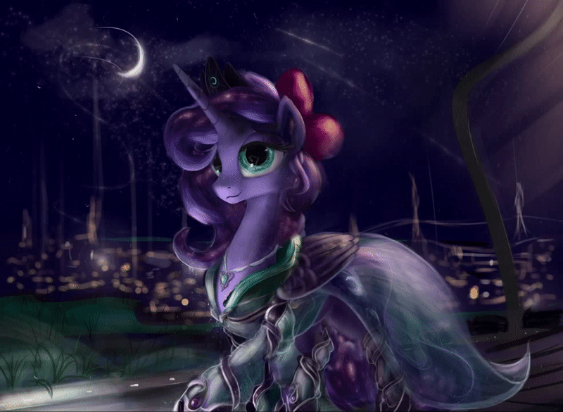 Size: 800x585 | Tagged: safe, artist:eriadu, artist:sgtwaflez, edit, character:princess luna, species:alicorn, species:pony, .swf in source, alternate hairstyle, animated, city, clothing, dress, female, jewelry, necklace, night, smiling, solo, stars