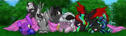 Size: 2000x580 | Tagged: safe, artist:acidthead, artist:angrylittlerodent, oc, oc only, oc:fates fortune, oc:rhythm frame, oc:silver lies, blanket, cute, group, group photo, outdoors, snuggling, white changeling