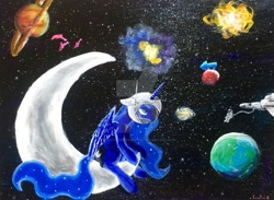 Size: 1024x751 | Tagged: safe, artist:colorsceempainting, character:princess luna, species:alicorn, species:pony, astronaut, blackhole, bored, canvas, dolphin, equestria, female, helmet, moon, paint, painting, planet, solo, space, spaceship, sun, tangible heavenly object, traditional art, watermark