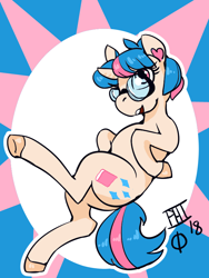 Size: 600x800 | Tagged: safe, artist:scarfyace, oc, oc only, species:earth pony, species:pony, colored hooves, cute, cutie mark, earth pony oc, glasses, hooves, multicolored hair, pink eyes, signature