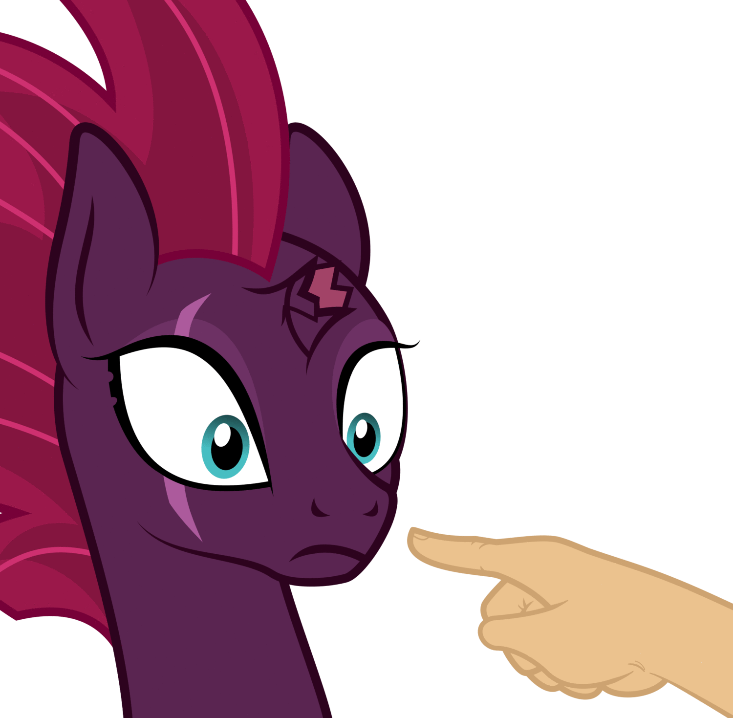 Size: 1500x1469 | Tagged: safe, artist:grypher, derpibooru original, character:tempest shadow, species:human, species:pony, species:unicorn, my little pony: the movie (2017), animated, boop, broken horn, bust, cute, eye scar, female, gif, good end, hand, how, mare, offscreen character, pop, scar, simple background, solo focus, sweet dreams fuel, tempest gets her horn back, tempest now has a true horn, tempestbetes, wat