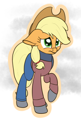 Size: 802x1194 | Tagged: safe, artist:litrojia, character:applejack, species:earth pony, species:pony, abstract background, clothing, coat, female, floppy ears, frown, mare, pants, scarf, solo