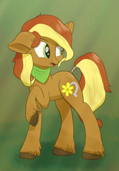 Size: 1600x2300 | Tagged: safe, artist:litrojia, oc, oc only, oc:creekseed, species:earth pony, species:pony, abstract background, bandana, crepuscular rays, female, floppy ears, mare, solo, tail wrap, unshorn fetlocks