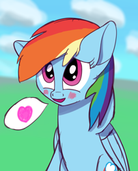 Size: 1100x1360 | Tagged: safe, artist:litrojia, character:rainbow dash, species:pegasus, species:pony, blushing, female, heart, mare, open mouth, pictogram, sitting, smiling, solo