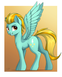 Size: 1746x2158 | Tagged: safe, artist:deltauraart, character:lightning dust, species:pegasus, species:pony, cutie mark, dock, female, gradient background, looking at you, looking back, looking back at you, mare, plot, profile, simple background, smiling, solo, spread wings, wings
