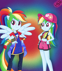 Size: 1300x1500 | Tagged: safe, artist:liniitadash23, character:rainbow dash, equestria girls:forgotten friendship, g4, my little pony: equestria girls, my little pony:equestria girls, clothing, duality, female, hand on hip, midriff, multicolored hair, ponied up, self paradox, swimsuit