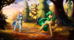 Size: 3465x1898 | Tagged: safe, artist:l1nkoln, oc, oc only, oc:first edition, oc:silverstar, species:pegasus, species:pony, species:unicorn, autumn, commission, female, forest, mare, raised hoof, scenery, smiling, tree