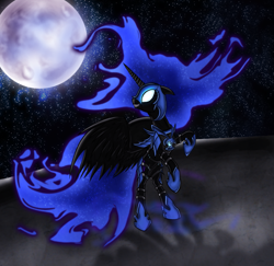 Size: 1259x1226 | Tagged: safe, artist:myhysteria, character:nightmare moon, character:princess luna, species:alicorn, species:pony, armor, female, glowing eyes, grin, looking back, mare, moon, rearing, smiling, solo