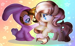 Size: 1390x870 | Tagged: safe, artist:macaroonburst, oc, oc only, oc:macaroon burst, oc:sweetie pie, parent:cheese sandwich, parent:pinkie pie, parents:cheesepie, species:earth pony, species:pony, animal costume, bunny costume, clothing, costume, female, filly, offspring