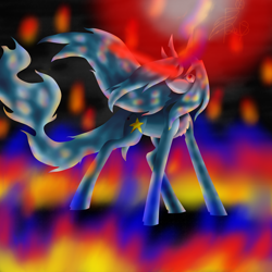 Size: 5800x5800 | Tagged: safe, artist:florarena-kitasatina/dragonborne fox, species:pony, species:unicorn, absurd resolution, alternate cutie mark, crossover, dat mane tho, dat tail tho, female, fire, flowing mane, glowing eyes, glowing eyes of doom, now you fucked up, pastel, ponified, rainbow eyes, sinister smile, solo, starbreaker (sora), staring into your soul, technicolor eyes, torn ear, watermark, what a lovely pony to meet in the middle of the night, wide eyes