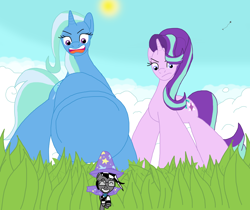 Size: 3048x2563 | Tagged: safe, artist:final7darkness, character:starlight glimmer, character:trixie, oc, oc:checkerboard, species:pony, cape, clothing, female, grass field, hat, hooves, micro, size difference, tiny ponies, trixie's cape, trixie's hat