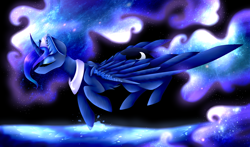 Size: 1700x1000 | Tagged: safe, artist:purediamond360, character:princess luna, species:alicorn, species:pony, curved horn, eyes closed, female, flying, solo, wings