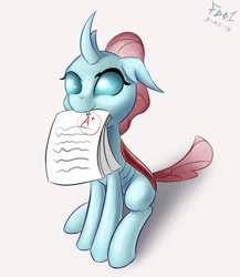 Size: 1300x1500 | Tagged: safe, artist:foughtdragon01, character:ocellus, species:changeling, species:reformed changeling, episode:school daze, g4, my little pony: friendship is magic, a+, cute, dawwww, diaocelles, fangs, female, grades, hnnng, horn, looking up, mouth hold, nom, paper, simple background, sitting, smiling, solo, white background