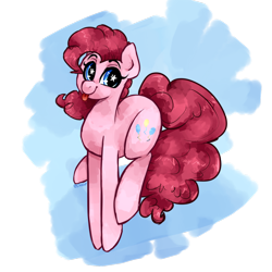 Size: 1024x1024 | Tagged: safe, artist:chloeprice228, character:pinkie pie, abstract background, airborne, blep, cute, female, jumping, looking at you, simple background, smiling, solo, starry eyes, tongue out, transparent background, wingding eyes