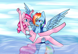 Size: 1024x711 | Tagged: safe, artist:chloeprice228, character:pinkie pie, character:rainbow dash, species:anthro, species:earth pony, species:pegasus, species:pony, species:unguligrade anthro, armpits, beach, belly button, clothing, cute, duo, duo female, female, holding, mare, spread wings, swimming, swimsuit, wings