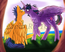 Size: 768x619 | Tagged: safe, artist:malinraf1615, character:flash sentry, character:twilight sparkle, character:twilight sparkle (alicorn), oc:dusk shine, species:alicorn, species:pony, ship:flashlight, chest fluff, duskflare, female, flare warden, floppy ears, kissing, male, prince dusk, ruffled feathers, rule 63, shipping, straight, watermark