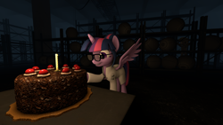 Size: 7680x4320 | Tagged: safe, artist:syncedsart, character:derpy hooves, character:twilight sparkle, character:twilight sparkle (alicorn), character:twilight sparkle (scitwi), species:alicorn, species:pony, 3d, absurd resolution, cake, downloadable, duo, food, portal (valve), portal 2, science, scitwilicorn, source filmmaker, the cake is a lie, valve