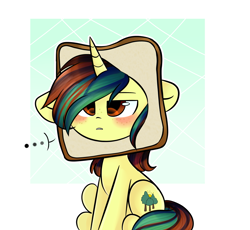 Size: 2639x2429 | Tagged: safe, artist:thieftea, oc, oc only, oc:northern spring, species:pony, species:unicorn, ..., blushing, bread, bread head, female, food, freckles, simple background, sitting, solo, unamused