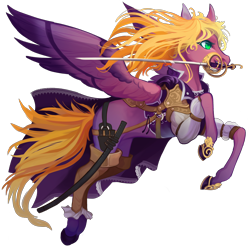 Size: 3000x3000 | Tagged: safe, artist:sitaart, oc, oc only, oc:flowing grace, species:pegasus, species:pony, armor, blonde, blonde hair, blonde mane, clothing, dungeons and dragons, fantasy class, feather, female, green eyes, leather armor, mare, pathfinder, pen and paper rpg, ponyfinder, raised hoof, rapier, rpg, simple background, solo, spread wings, sword, tabletop gaming, transparent background, weapon, wings