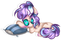 Size: 4800x3174 | Tagged: safe, artist:macaroonburst, oc, species:earth pony, species:pony, blushing, female, headphones, mare, pillow, prone, simple background, solo, transparent background, white outline