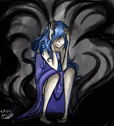 Size: 2032x2248 | Tagged: safe, artist:tao-mell, character:princess luna, species:human, abstract background, barefoot, darkness, feet, female, high res, humanized, s1 luna, scared, sitting, solo