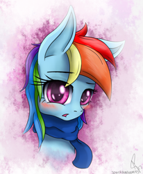 Size: 1080x1310 | Tagged: safe, artist:sonicrainboom93, character:rainbow dash, species:pegasus, species:pony, blushing, bust, clothing, female, mare, scarf, signature, solo