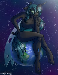 Size: 989x1280 | Tagged: safe, artist:sonicsweeti, character:queen chrysalis, species:anthro, species:changeling, breasts, busty queen chrysalis, earth, featureless breasts, female, macro, pony bigger than a planet, sitting