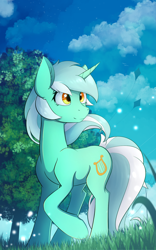 Size: 1200x1920 | Tagged: safe, artist:laptop-pone, character:lyra heartstrings, species:pony, species:unicorn, g4, female, grass, kite, looking sideways, mare, raised hoof, scenery, solo, tree