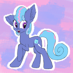 Size: 2500x2500 | Tagged: safe, artist:litrojia, oc, oc only, oc:sapphire lollipop, species:earth pony, species:pony, abstract background, fluffy, gift art, large ears, open mouth, raised hoof, smiling, solo