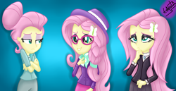 Size: 1400x720 | Tagged: safe, artist:liniitadash23, character:fluttershy, episode:fake it 'til you make it, my little pony:equestria girls, alternate hairstyle, blue background, braid, clothing, crossed arms, eyeshadow, fluttergoth, glasses, goth, hipster, hipstershy, lidded eyes, makeup, severeshy, simple background, snooty, trio, valley girl