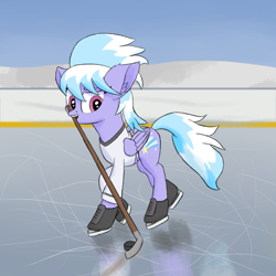 Size: 2500x2500 | Tagged: safe, artist:litrojia, character:cloudchaser, species:pegasus, species:pony, clothing, female, hockey, hockey stick, ice hockey, ice skates, jersey, mare, mouth hold, open mouth, shirt, skating, solo, sports, winter