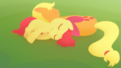 Size: 1920x1080 | Tagged: safe, artist:gingermint, artist:icekatze, character:apple bloom, character:applejack, species:earth pony, species:pony, blank flank, cutie mark, female, filly, foal, hooves, lineless, lying down, mare, nap, sleeping, wallpaper