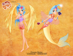 Size: 3208x2490 | Tagged: safe, artist:didj, character:princess skystar, species:human, my little pony: the movie (2017), aasimar, barefoot, belly button, clothing, ear fins, feet, humanized, mermaid, mermaidized, midriff, my little mages, seashell necklace, shelldon, shelly, shorts, smiling, species swap, tank top, wing ears, winged humanization, wings