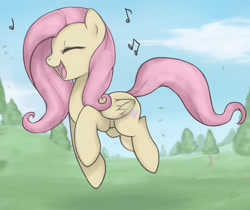 Size: 1518x1276 | Tagged: safe, artist:soulspade, character:fluttershy, species:pegasus, species:pony, cute, eyes closed, female, grass, happy, mare, music notes, open mouth, shyabetes, singing, skipping, sky, solo, tree